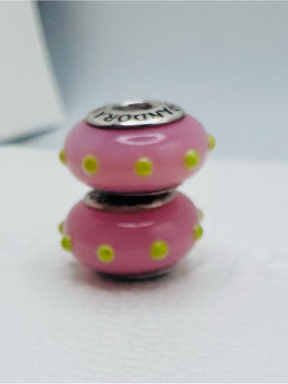 Pandora Pink Glass Charm Beads with Lime Accent Dots